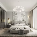 Modern Bedroom Interior With Bed Decorative Painting Chandelier Nightstands Area Rug And Curtains