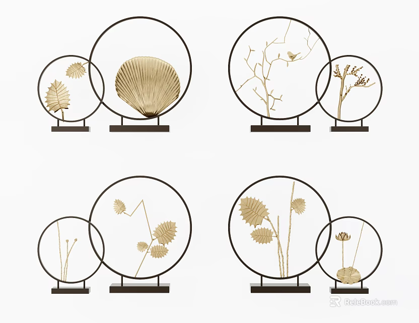 Decorative Ornament Set With Circular Frames Plant Leaves Branches Seashell And Base For Home Decor 3d model 