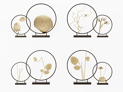 Decorative Ornament Set With Circular Frames Plant Leaves Branches Seashell And Base For Home Decor 3d model
