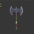 Ornate Battle Axe With Blue Green Patterns Silver Blades And Wooden Handle With Colorful Stripes