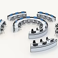 Multiple Curved Office Desks Arranged in Circular Layout With Computers and Chairs