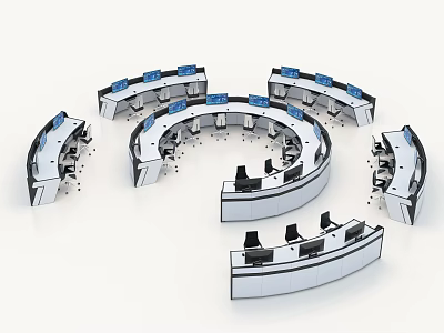 Multiple Curved Office Desks Arranged in Circular Layout With Computers and Chairs 3d model