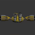 Yellow And Silver Game Movie Robot Character With Glowing Blue Green Lights And Mechanical Arms