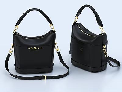 Black Leather Handbags with Golden Hardware Shoulder Straps and Decorative Emblems 3d model
