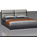 Modern Double Bed With Gray And Beige Headboard Two Pillows And Orange Blanket