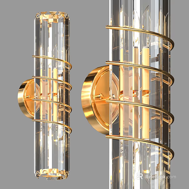 Modern Golden Wall Sconce Featuring Transparent Crystal Glass And Circular Frame 3d model 