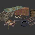 Rusty Metal Items Old Wooden Boards With Discarded Parts Barrel Wheel And Debris