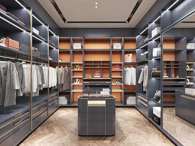 Elegant Walk in Closet Interior Design With Hanging Clothes Shelves Bags And Central Island 3d model