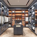 Elegant Walk in Closet Interior Design With Hanging Clothes Shelves Bags And Central Island