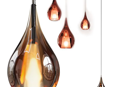 Modern Teardrop Shaped Amber Glass Pendant Lights Illuminated Hanging In Interior Space 3d model