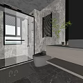 Modern Hotel Bathroom With Marble Walls Shower Enclosure Vanity Mirror And Plants