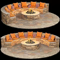 Outdoor Sofa Circular Design With Fire Pit Stone And Orange Purple Cushions On Stone Patio