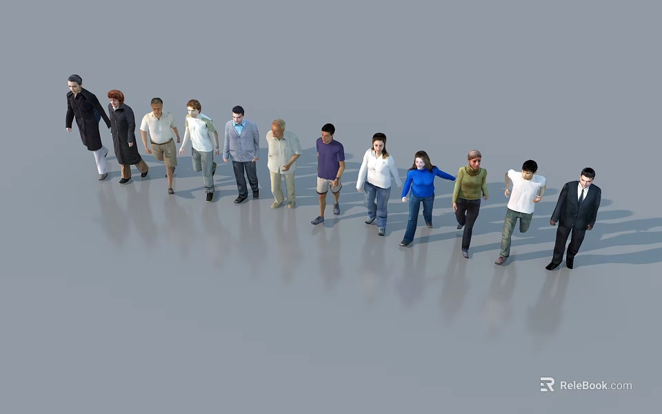 Group of Diverse People Standing in a Line With Different Postures and Casual Outfits 3d model 