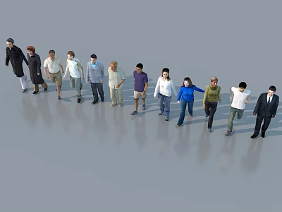 Group of Diverse People Standing in a Line With Different Postures and Casual Outfits 3d model