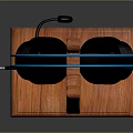 Stylish Wireless Headphones With Blue Headband And Black Earpads On Wooden Stand
