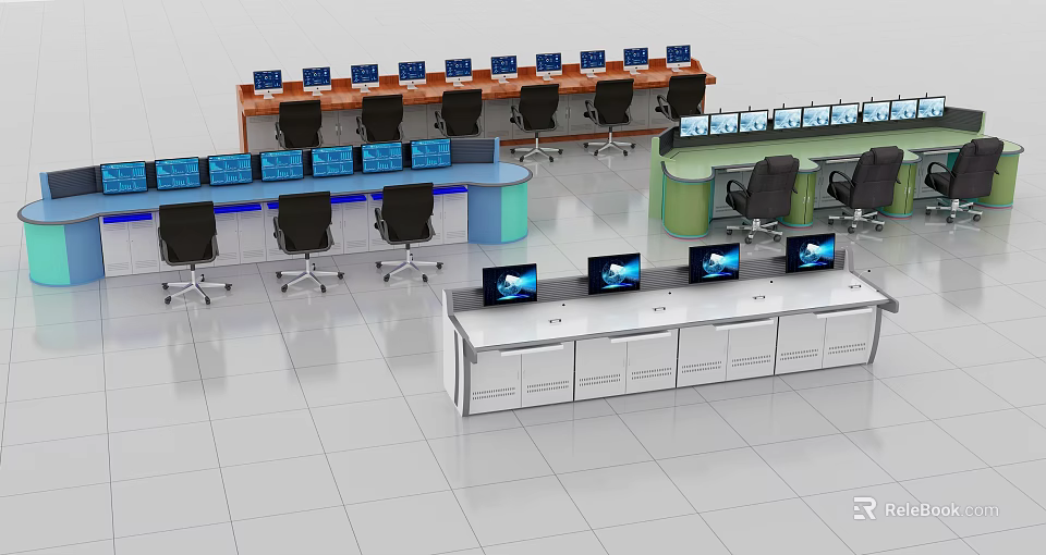 Office Desks With Multiple Monitors Black Chairs And Different Shapes On White Floor 3d model 