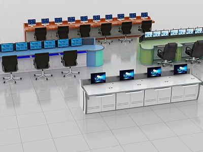 Office Desks With Multiple Monitors Black Chairs And Different Shapes On White Floor 3d model
