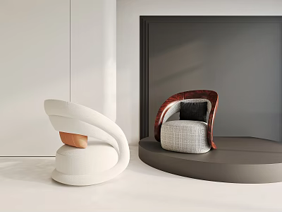Modern Single Sofa Interior With White Curved Design Red Wooden Armrest And Gray Cushion 3d model
