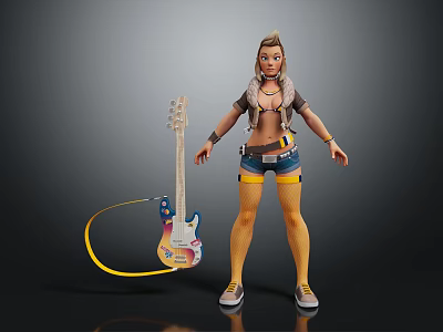 3D Female Character In Casual Outfit With Colorful Electric Guitar And Yellow Cable 3d model