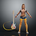 3D Female Character In Casual Outfit With Colorful Electric Guitar And Yellow Cable