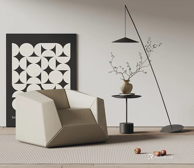 Modern Beige Single Sofa with Geometric Artwork Floor Lamp Side Table and Vase Branches 3d model
