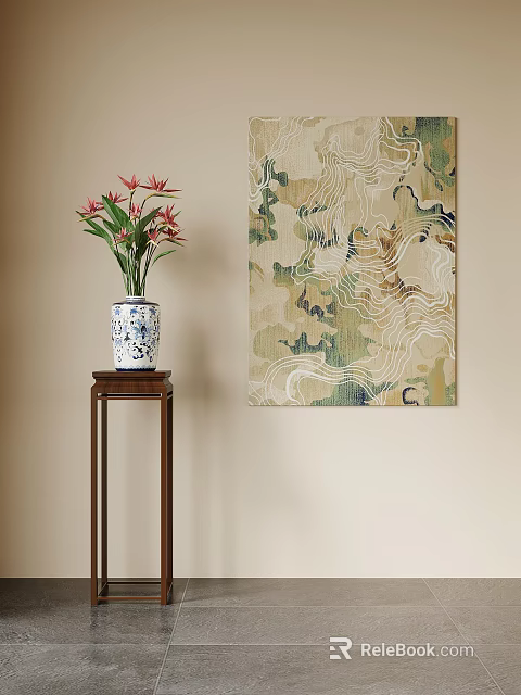 Blue And White Vase With Red Flowers On Wooden Stand Near Abstract Wall Painting 3d model 