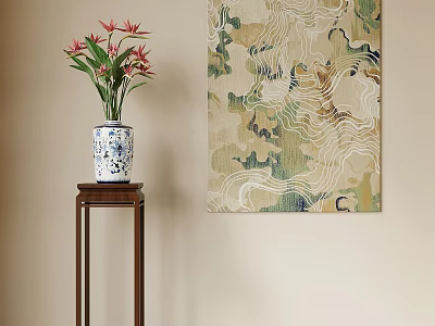 Blue And White Vase With Red Flowers On Wooden Stand Near Abstract Wall Painting 3d model