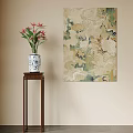 Blue And White Vase With Red Flowers On Wooden Stand Near Abstract Wall Painting