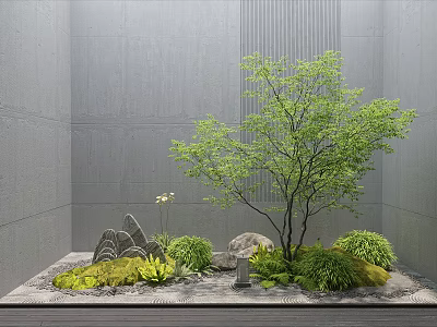 Modern Minimalist Courtyard Garden With Concrete Wall Green Tree Stones And Small Plants 3d model