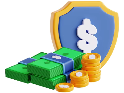 Blue And Yellow Border Shield With Dollar Sign And Stacked Green Dollar Bills With Coins 3d model