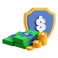 Blue And Yellow Border Shield With Dollar Sign And Stacked Green Dollar Bills With Coins