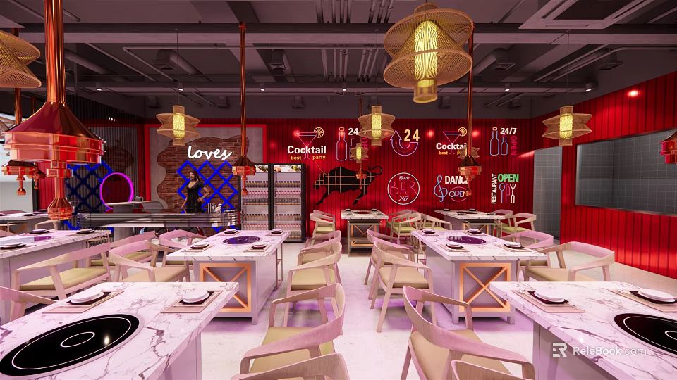 Modern Hotpot Restaurant Interior With Red Walls Hanging Lamps Dining Tables And Neon Signs 3d model 