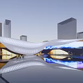 Modern Sales Office Building with Curved White Roof Glass Facade and Digital Screen
