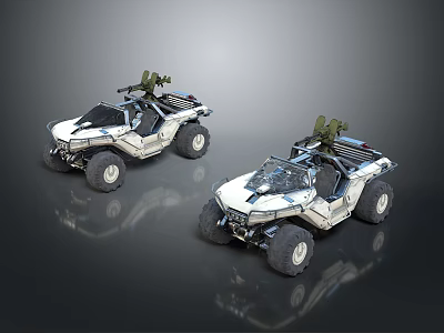 Two White Off-Road Vehicles With Open Design And Mounted Weapons On Top And Large Tires 3d model