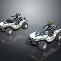 Two White Off-Road Vehicles With Open Design And Mounted Weapons On Top And Large Tires