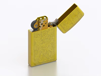 Stylish Yellow Metal Lighter with Open Decorative Cover and Intricate Patterned Case 3d model