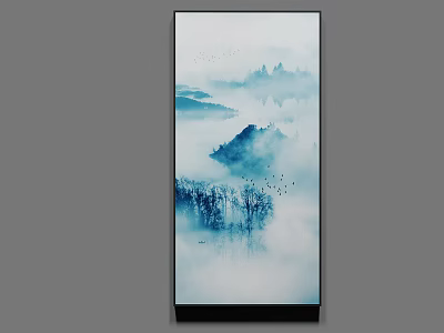 Blue and White Chinese Landscape Painting with Misty Mountains Calm Water Trees Flying Birds 3d model