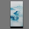 Blue and White Chinese Landscape Painting with Misty Mountains Calm Water Trees Flying Birds