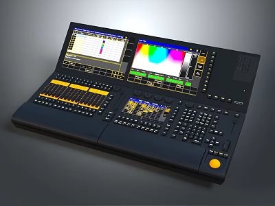 Professional Audio Video Control Console With Multiple Screens Colorful Interface Buttons Knobs 3d model