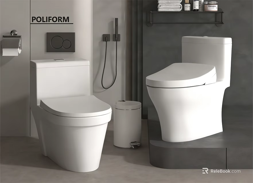 POLIFORM Modern White Toilets In Bathroom With Wall Mounted Shelf And Trash Bin 3d model 