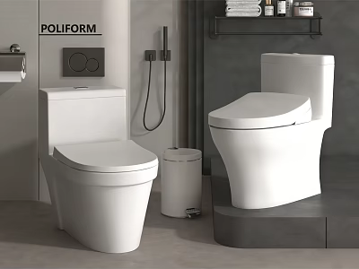 POLIFORM Modern White Toilets In Bathroom With Wall Mounted Shelf And Trash Bin 3d model