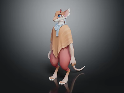 Anthropomorphic Rodent Character With Red Horns Blue Eyes Brown Cloak Blue Scarf And Standing Pose 3d model