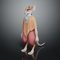 Anthropomorphic Rodent Character With Red Horns Blue Eyes Brown Cloak Blue Scarf And Standing Pose