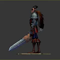 3D Game Character Warrior In Red And Blue Armor Holding Sword Standing On Stone Base