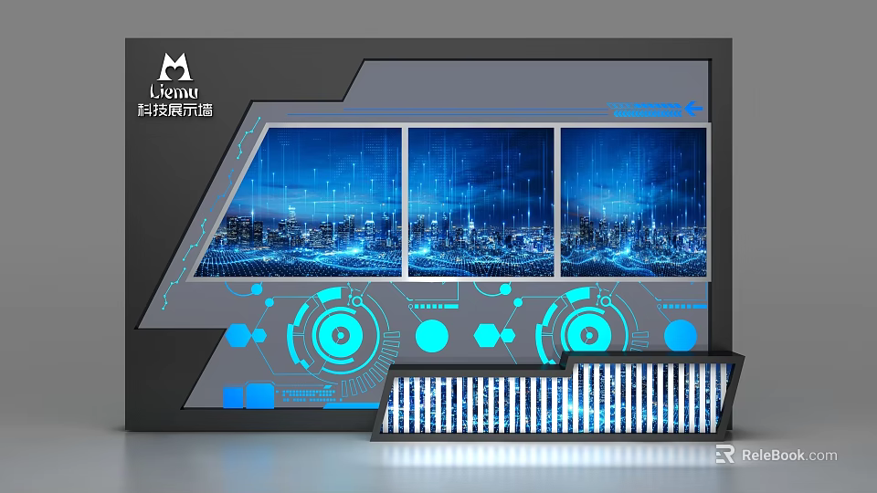 Tech Inspired Background Wall with Three Screens Blue City Night View Circular Patterns and Console 3d model