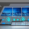 Tech Inspired Background Wall with Three Screens Blue City Night View Circular Patterns and Console 3d model