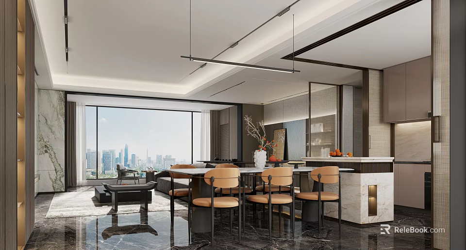 Modern Dining and Living Room Interior With Large Windows City View Dining Table And Chairs 3d model 