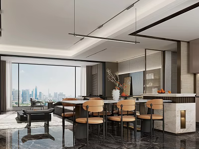 Modern Dining and Living Room Interior With Large Windows City View Dining Table And Chairs 3d model