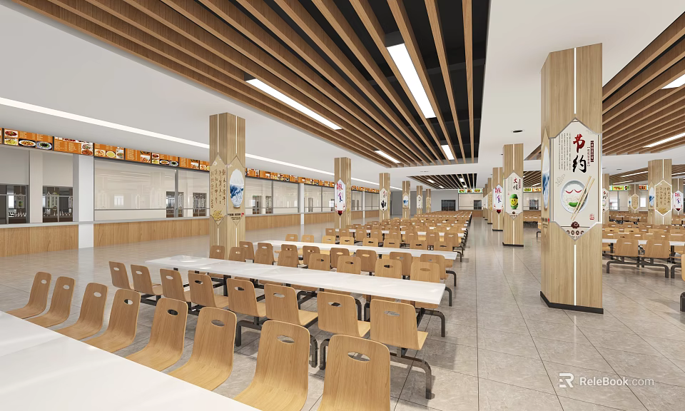 Spacious Restaurant Interior With Neatly Arranged Wooden Tables Chairs Wooden Slat Ceiling And Lighting Strips 3d model 