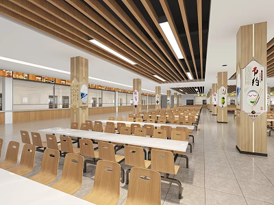 Spacious Restaurant Interior With Neatly Arranged Wooden Tables Chairs Wooden Slat Ceiling And Lighting Strips 3d model